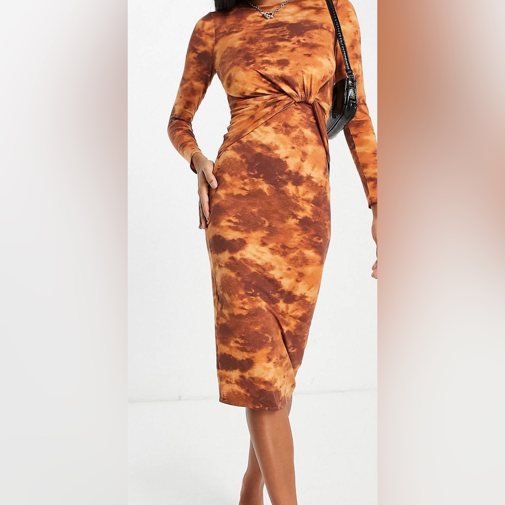 ASOS DESIGN long sleeve front knot open back midi dress in brown tie dye print